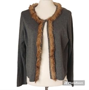 Chico's sweater cardigan round neck long sleeve faux fur beads silk gray tan L